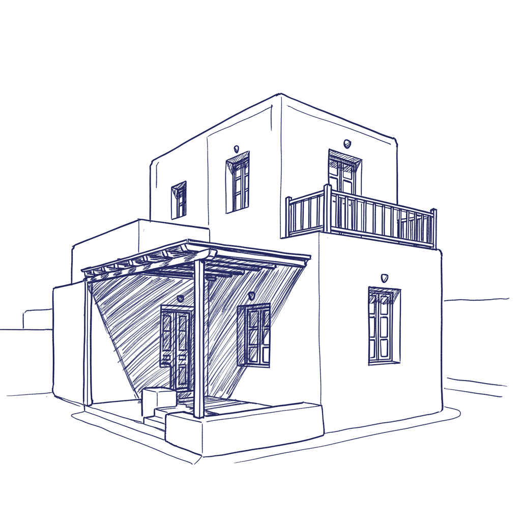 Hand-drawn outline of a traditional Cycladic house with flat roof, whitewashed structure, and shaded patio, inspired by Santorini architecture