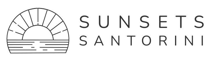 Sunsets Santorini logo featuring a stylized sun setting over the Aegean Sea with minimalist lines