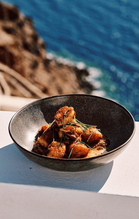 Dish garnished with chives in a rich Mediterranean sauce, served in a ceramic bowl against a Santorini cliffside and sea backdrop
