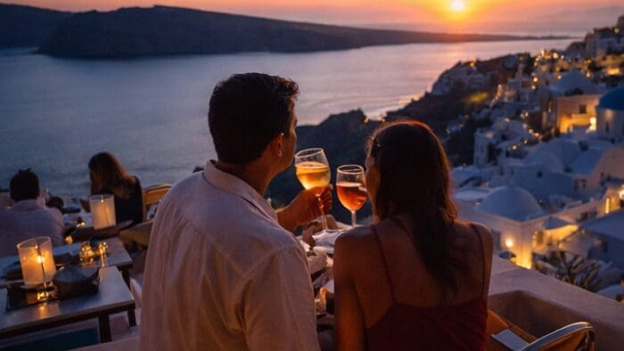 Couple enjoying sunset cocktails on a caldera-view terrace in Oia, Santorini, Greece, overlooking the sea at golden hour.