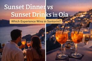 Couple enjoying a sunset dinner and Aperol spritz cocktails overlooking Oia, Santorini, Greece with caldera views at golden hour.
