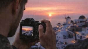 man photographing the santorini sunset in Oia
