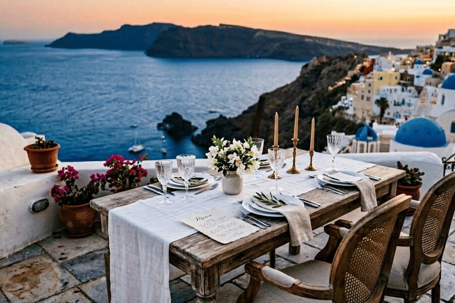 Fine-dining two-top table on a private terrace in Oia, angled toward the caldera view for a proposal dinner
