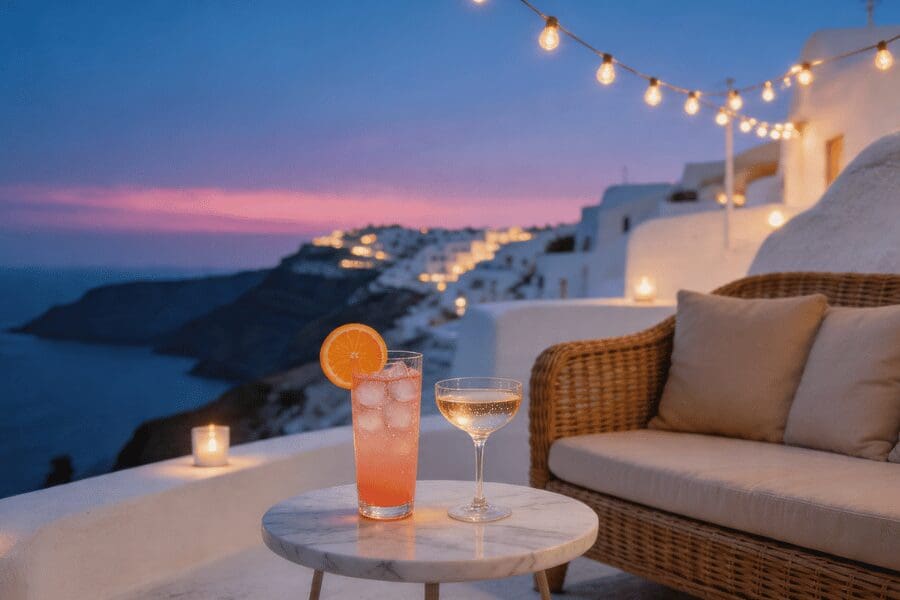 Open-air cocktail lounge in Oia at blue hour, the ideal relaxed spot after a proposal dinner