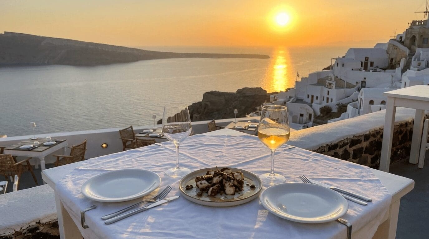 Sunset dinner table set on an Oia cliffside restaurant terrace overlooking the Santorini caldera