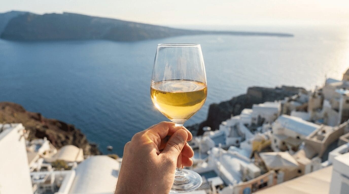 Glass of Assyrtiko wine raised toward the Santorini caldera view from an Oia cliffside restaurant