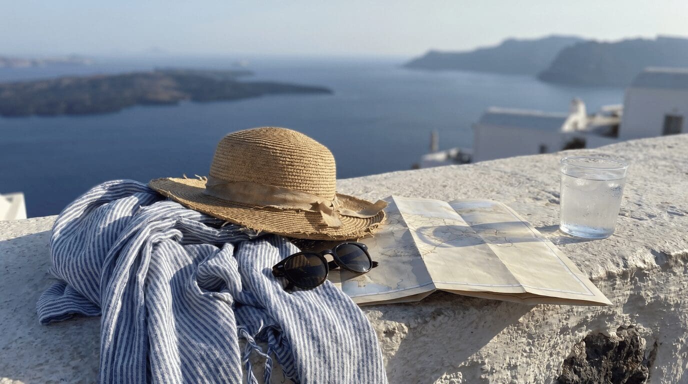 A sun hat, sunglasses and map on a whitewashed terrace ledge overlooking the caldera, marking the start of a Santorini honeymoon.