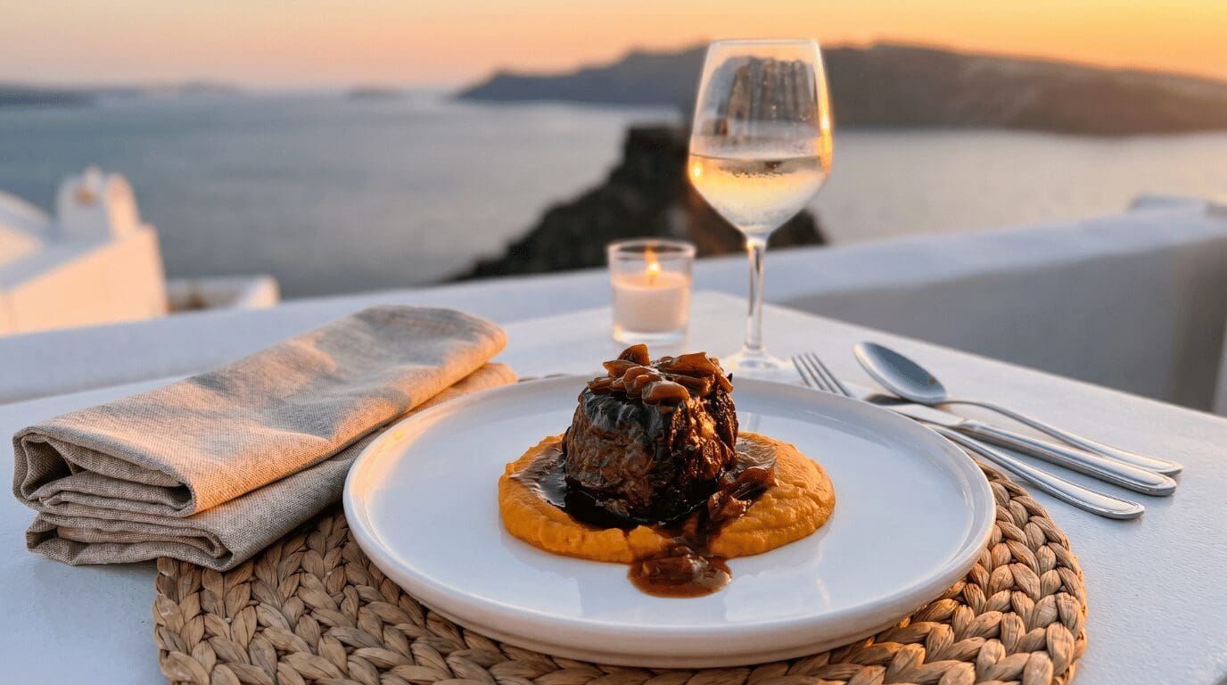 A braised beef dish on amber puree plated at a Sunsets Terra clifftop table in Oia, with a glass of Assyrtiko and the caldera at golden hour, a signature Santorini sunset dinner.