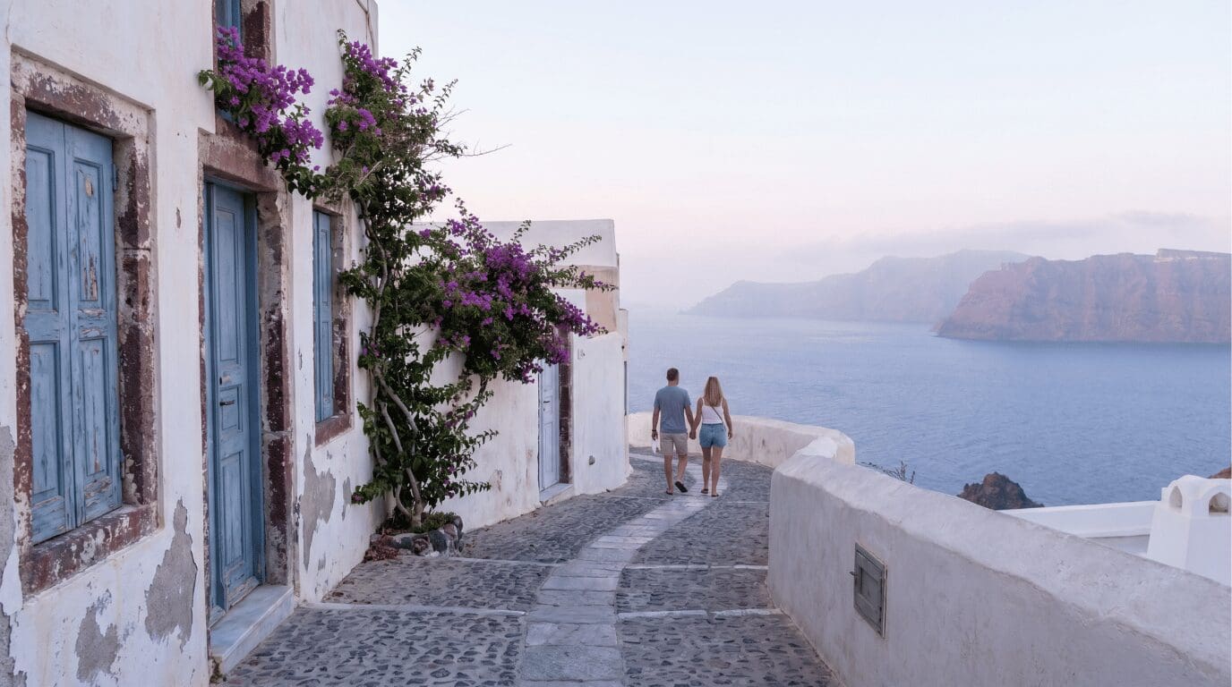 A quiet, empty Oia lane at sunrise with one couple walking, showing how early mornings avoid Santorini's crowds.