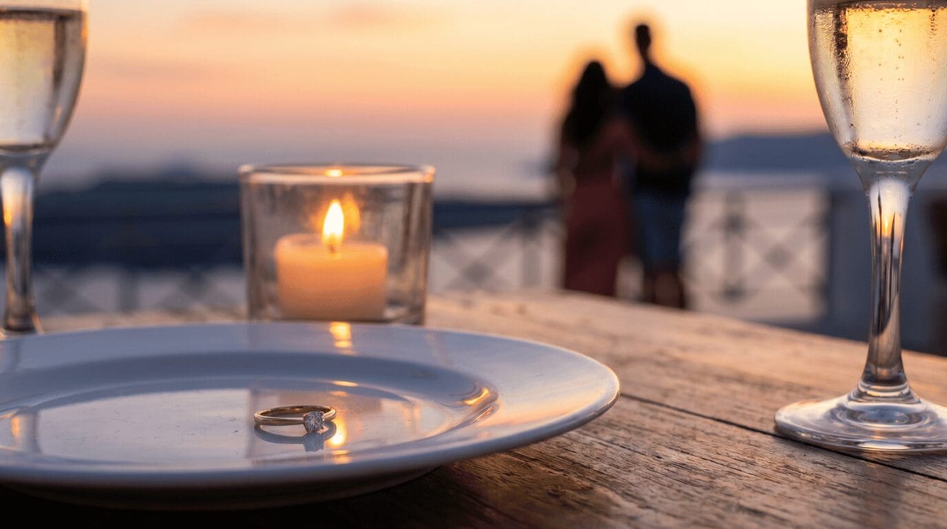 An engagement ring beside sparkling wine on an Oia terrace at sunset, with a couple's silhouette behind, set for a Santorini proposal dinner.