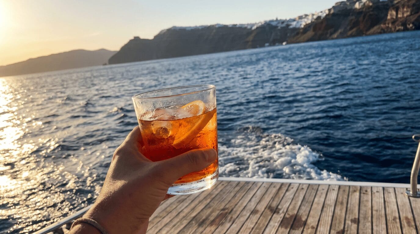 A spritz cocktail held on a catamaran deck with the Oia caldera cliffs behind, on a sunset sailing trip in Santorini.