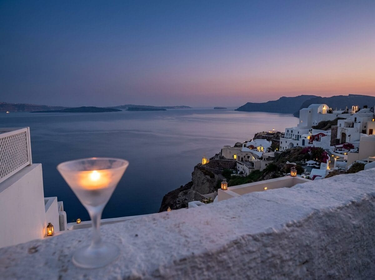 Oia at blue hour, with whitewashed cliff houses glowing warm against a deep blue sky over the Santorini caldera.