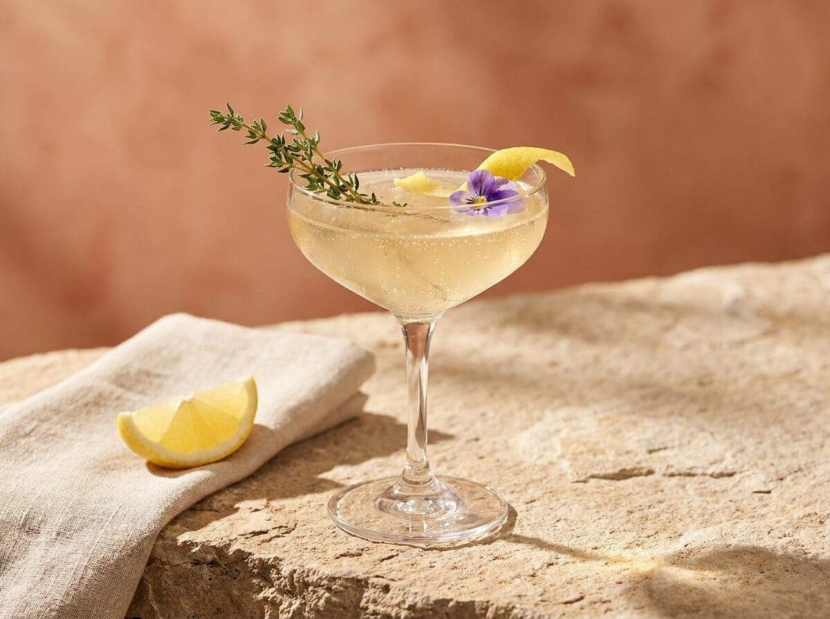 Close-up of a signature Greek cocktail garnished with thyme and citrus on a stone surface in an Oia bar.