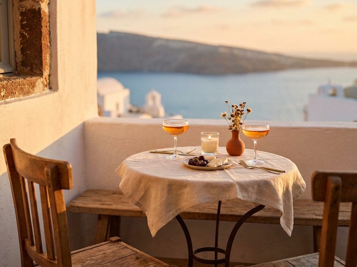 Soft warm lighting on a romantic lounge-style cocktail bar terrace in Oia during golden hour with caldera views.