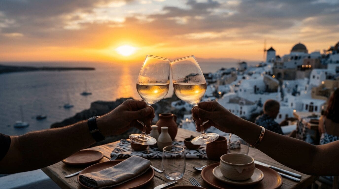 Two glasses of Santorini Assyrtiko wine raised in a toast at sunset over the Oia caldera