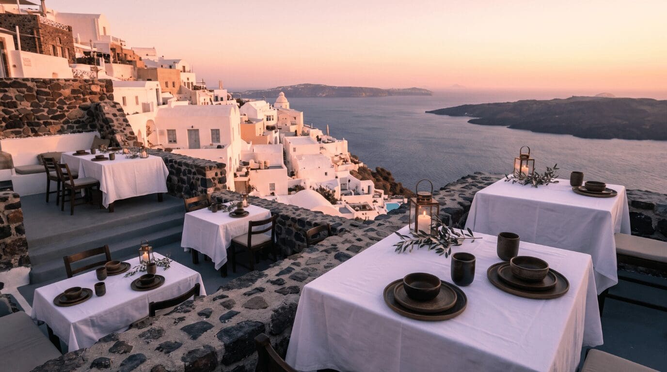 Zero waste fine dining terrace at Santorini Sunsets overlooking the Oia caldera at sunset