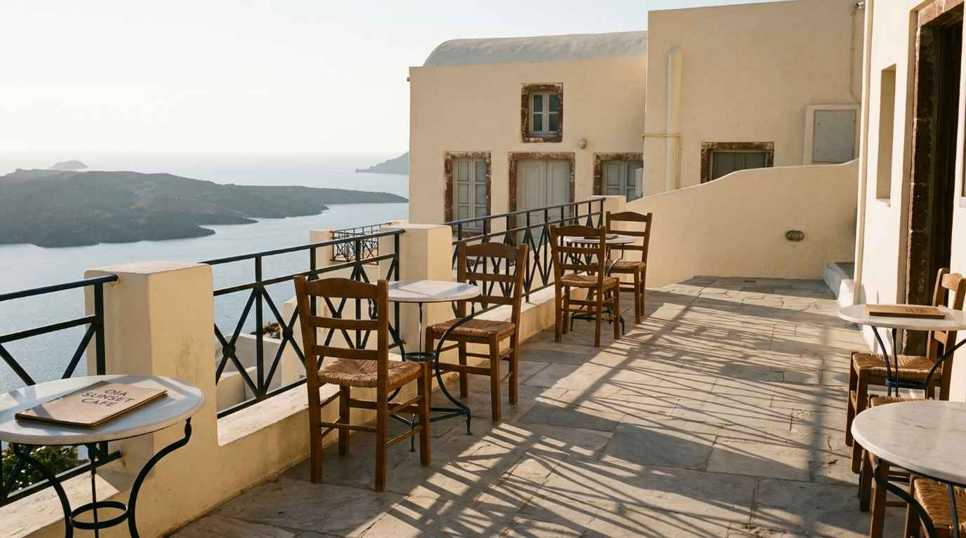 Late afternoon shadows on a west facing Oia terrace stretching back from the caldera toward the building