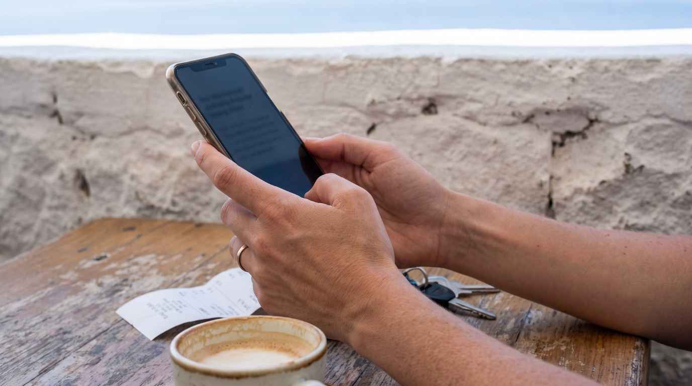 Traveller checking restaurant details on a phone before booking a caldera view table in Oia