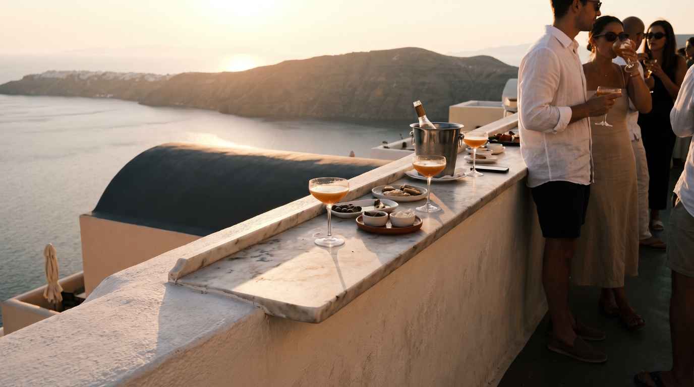 Sunset bar terrace in Oia with drinks and small plates overlooking the caldera