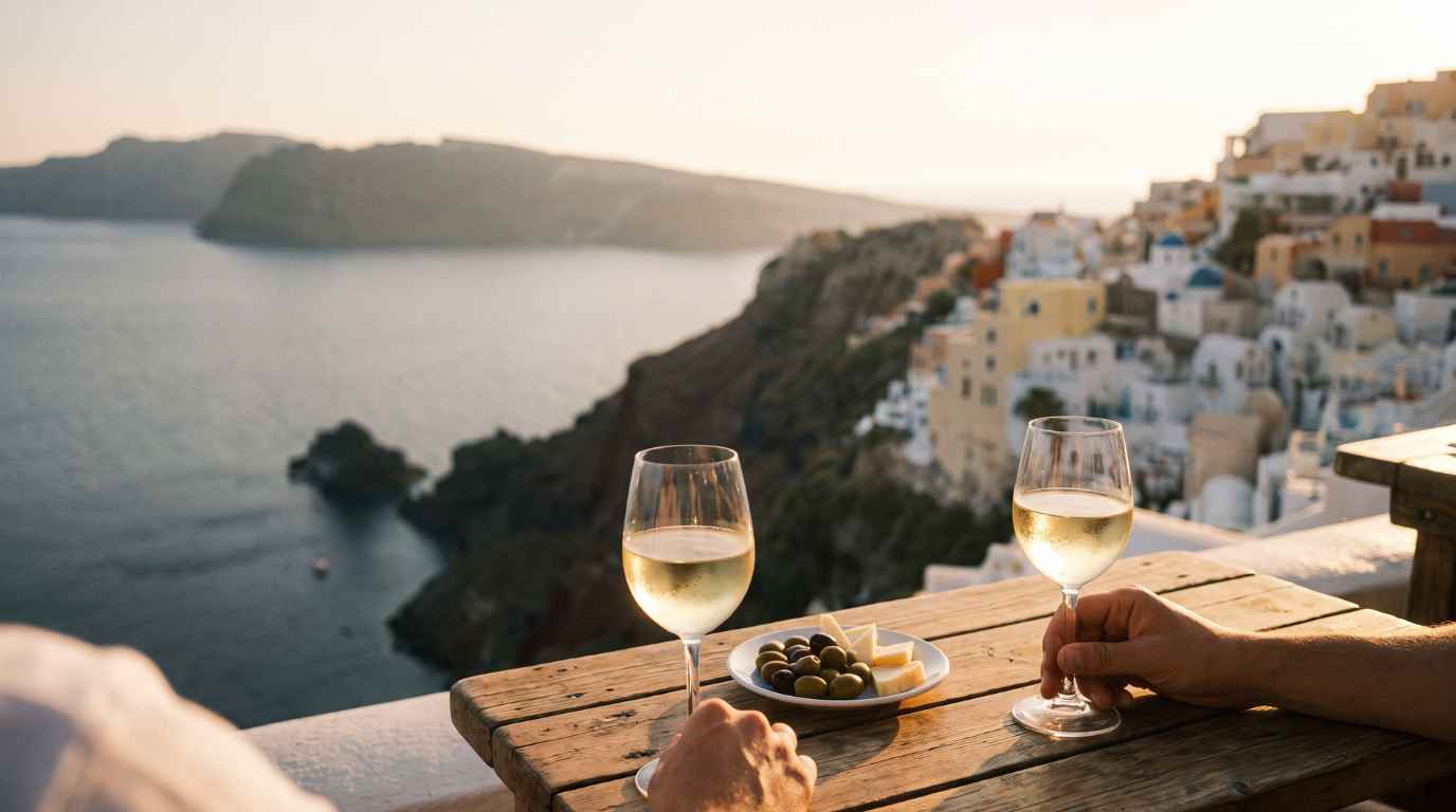 Wine poured at a cliffside table in Oia before sunset, showing the 45 minute booking buffer