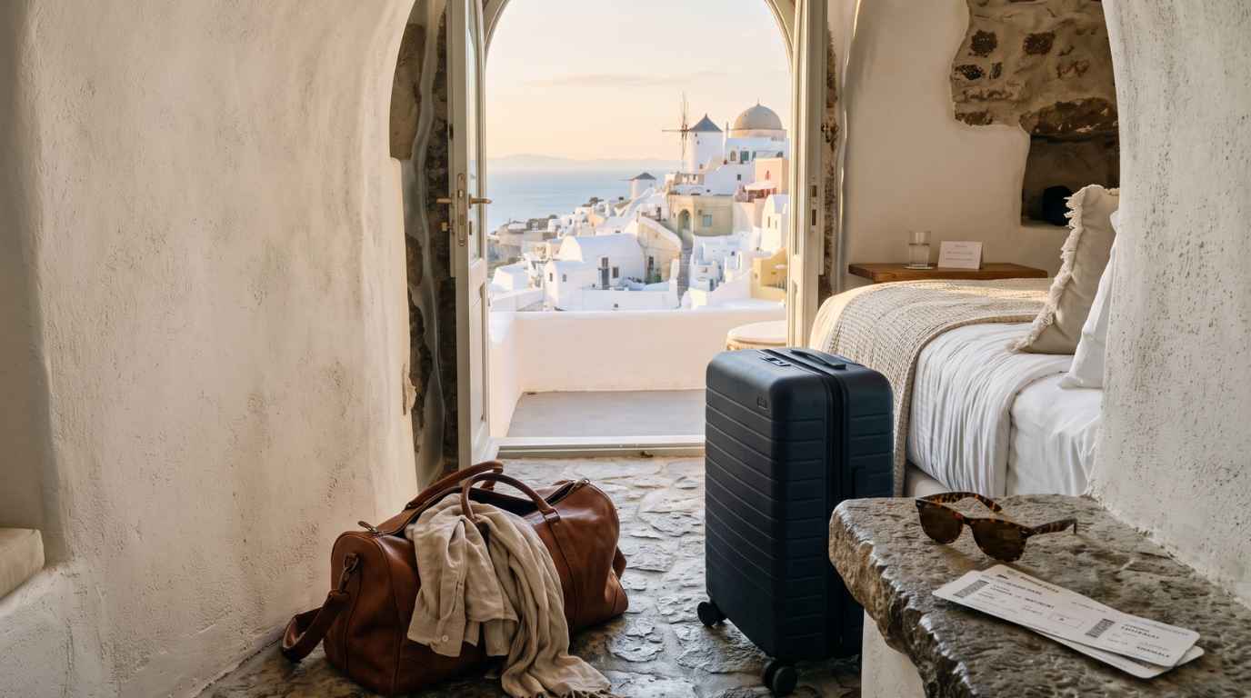 Luggage and boarding passes in a Santorini cave suite on arrival day, with Oia visible through the open door