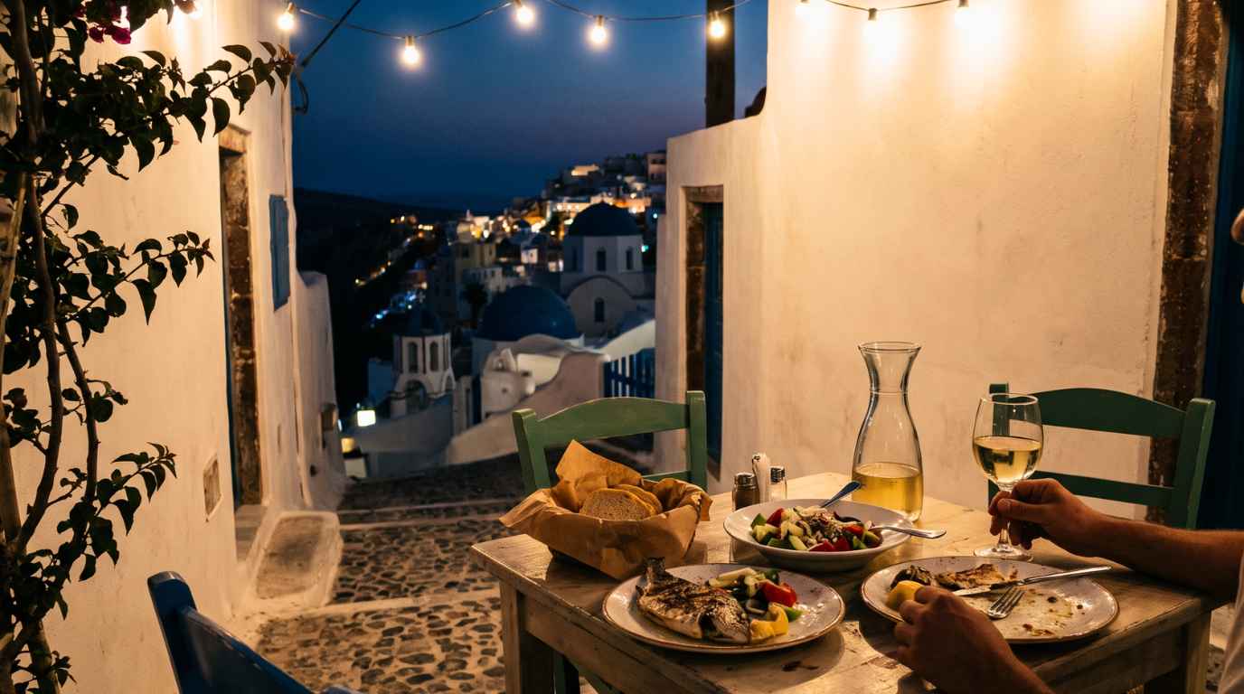 Grilled fish, Greek salad and house white at a simple taverna table in an Oia lane at night