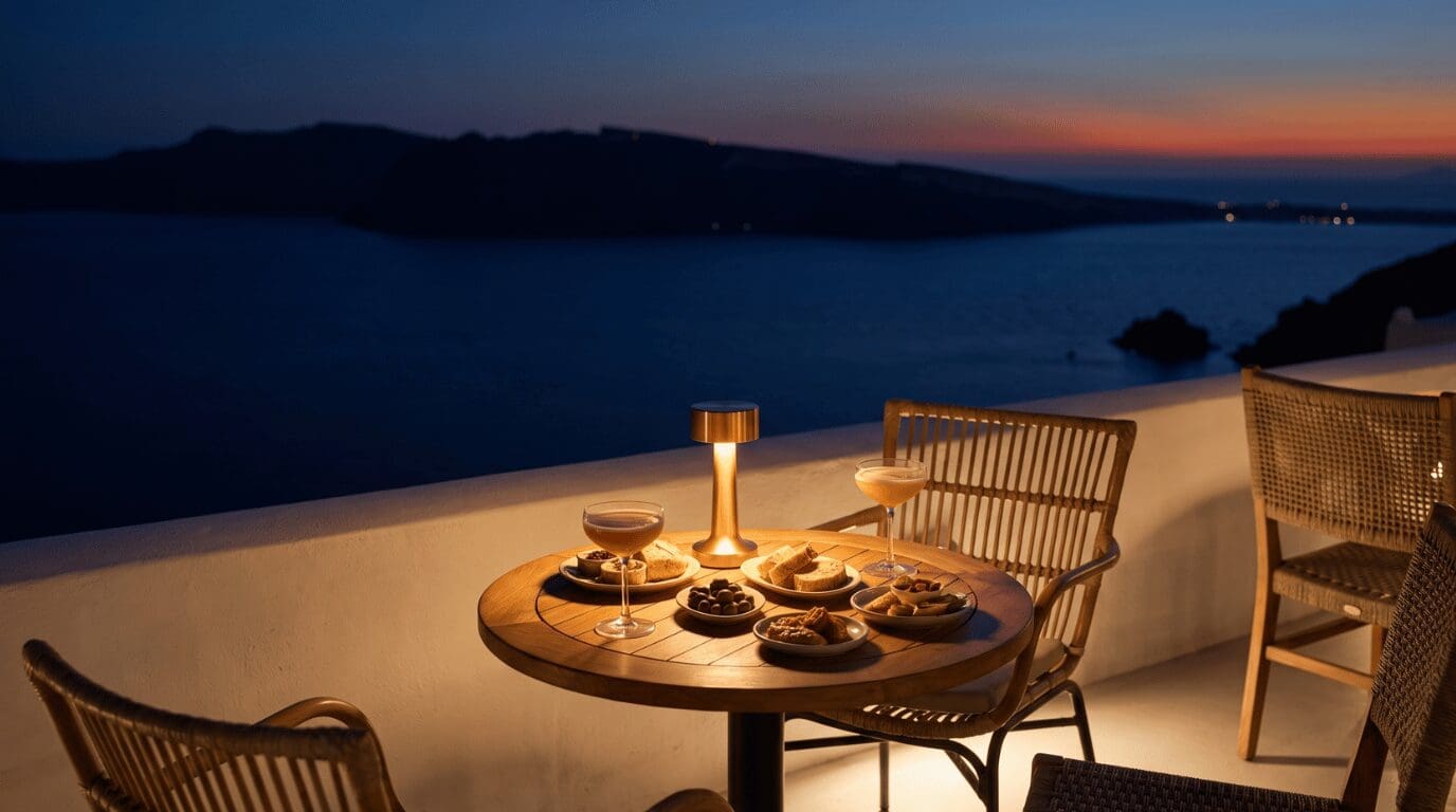 Drinks and small plates on a lamp-lit terrace table in Oia after sunset, with the caldera in blue dusk