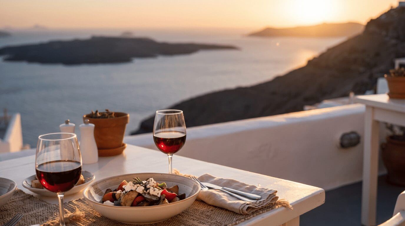 Greek salad and red wine on a terrace table in Oia as the sun sets over the Santorini caldera