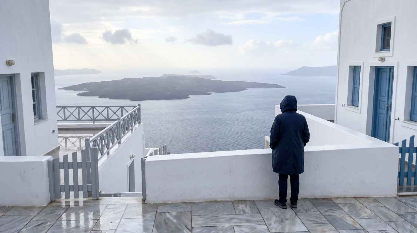 A walker in a rain jacket looking out over the Santorini caldera and the volcanic islands after a November shower