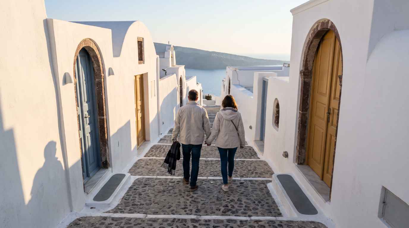 A couple walking down an empty stepped lane in Oia, Santorini, on a November afternoon